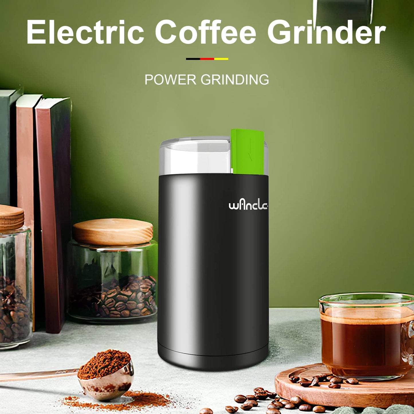 Kaffeemühle, Wancle Elektrische Kaffemühle für Bohnen ＆ Gewürze, Edelstahl Klinge, Schüssel, Kaffeemühle mit sauberer Bürste mit einem Knopf für Grob- und Feinmühle (Schwarz+Schwarz)