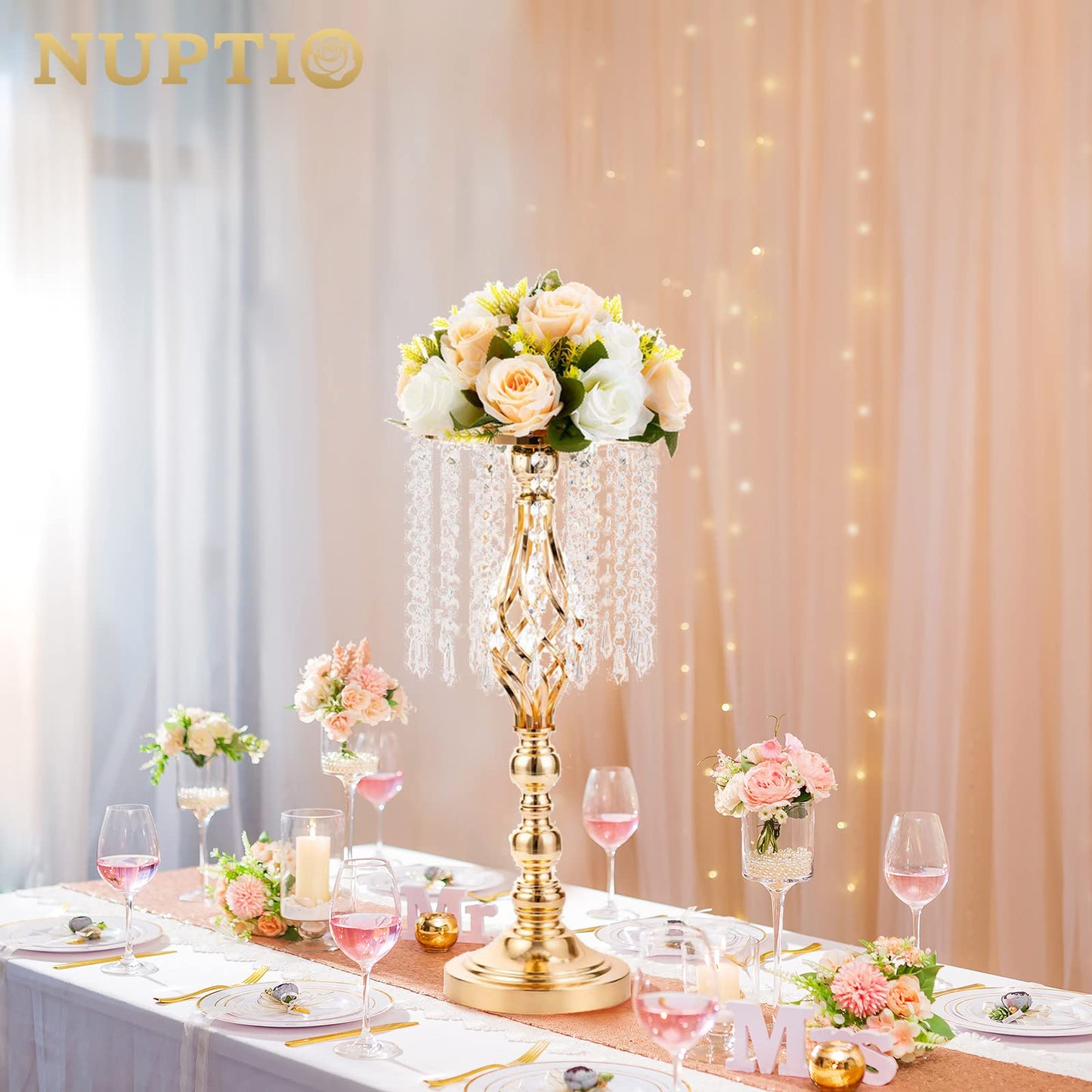 Nuptio Kristall-Blumenständer, Hochzeitsdekoration für Tische, 26 cm Höhe, Blumenhalter, Mittelstück, Metall-Blumenvase für Hochzeit, Party, Empfang, Esszimmer, Wohnzimmer, Dekoration, 2 Stück