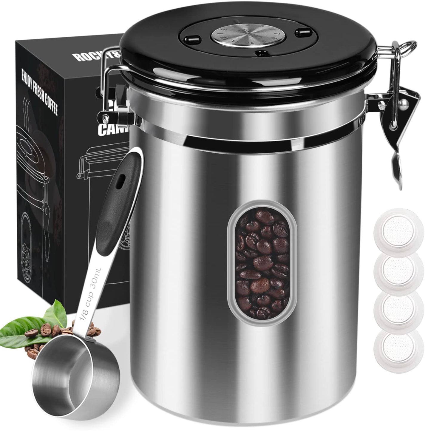 ROCKY&CHAO Airtight Coffee Canister 1.8 L – Stainless Steel Bean Container with Viewing Window (600 g)