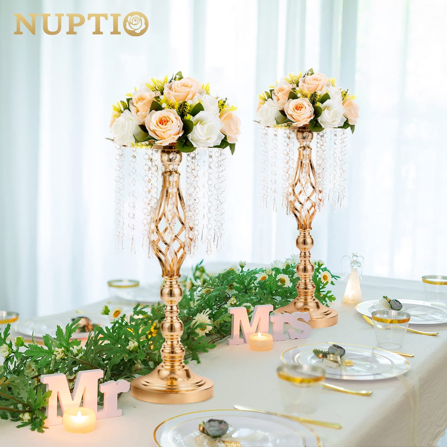 Nuptio Kristall-Blumenständer, Hochzeitsdekoration für Tische, 26 cm Höhe, Blumenhalter, Mittelstück, Metall-Blumenvase für Hochzeit, Party, Empfang, Esszimmer, Wohnzimmer, Dekoration, 2 Stück