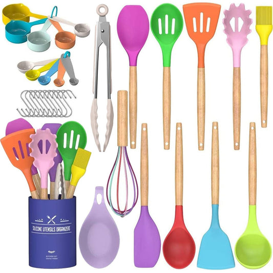 Umite Chef 24-Piece Silicone Kitchen Utensil Set with Holder – Heat-Resistant, Non-Stick, Wooden Handles