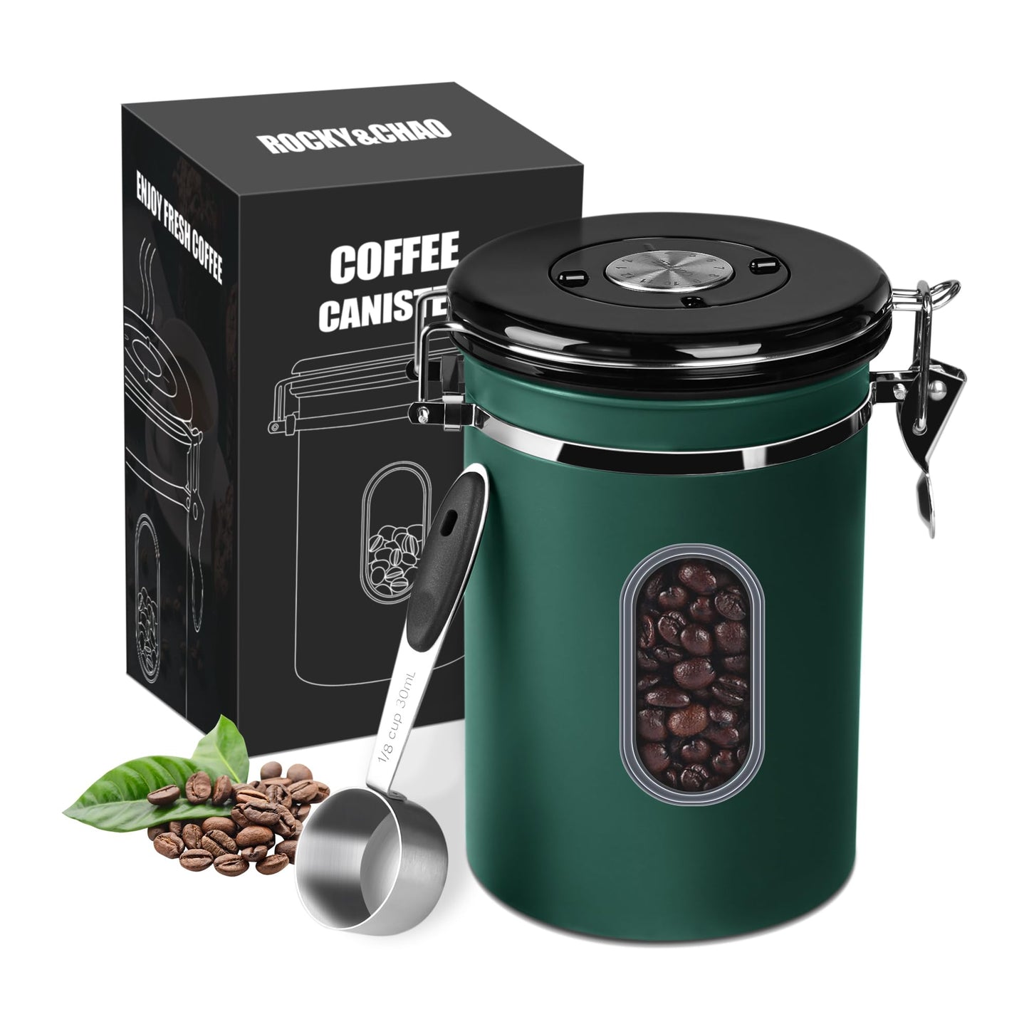 ROCKY&CHAO Airtight Coffee Canister 1.8 L – Stainless Steel Bean Container with Viewing Window (600 g)