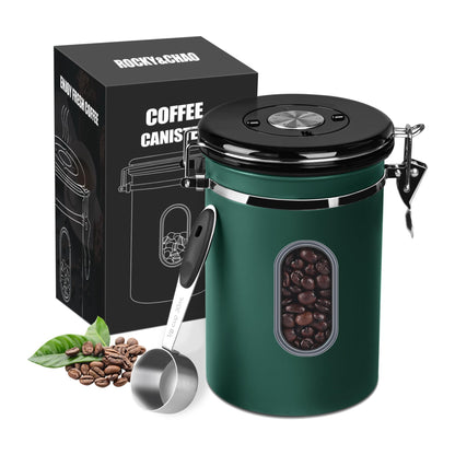 ROCKY&CHAO Airtight Coffee Canister 1.8 L – Stainless Steel Bean Container with Viewing Window (600 g)