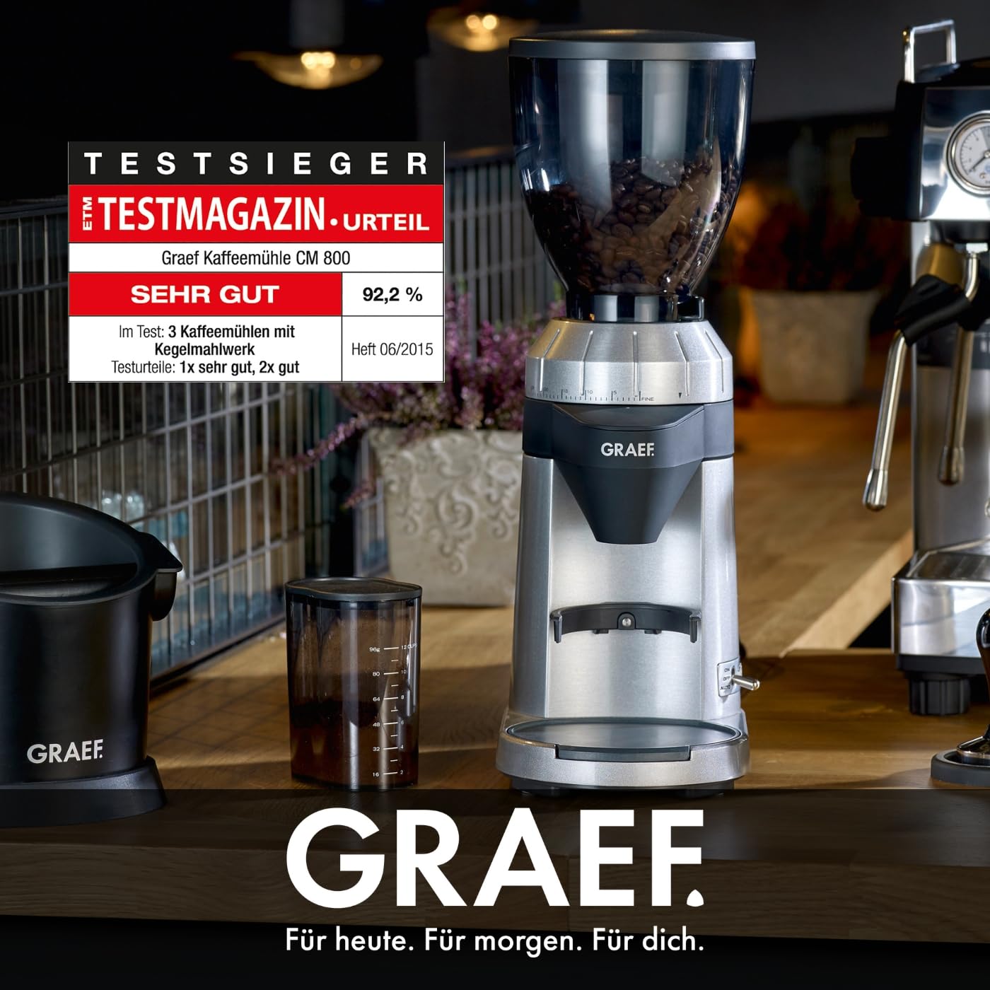 GRAEF Kaffeemühle CM800, Kegelmahlwerk aus Edelstahl, 40 Mahlgradeinstellungen, abnehmbarer 350g Kaffeebohnenbehälter, Antistatik-Einsatz, Grind on Demand Funktion, Aluminiumgehäuse silber