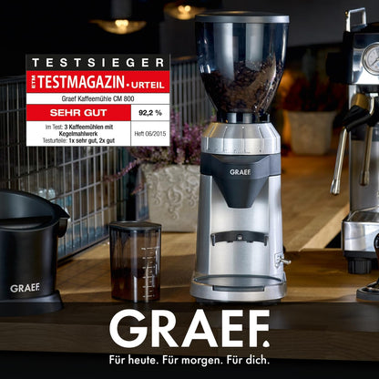 GRAEF Kaffeemühle CM800, Kegelmahlwerk aus Edelstahl, 40 Mahlgradeinstellungen, abnehmbarer 350g Kaffeebohnenbehälter, Antistatik-Einsatz, Grind on Demand Funktion, Aluminiumgehäuse silber