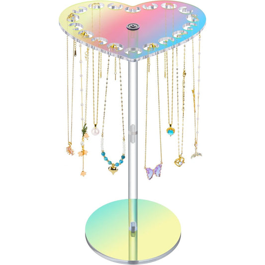 NiHome Iridescent Rotating Acrylic Jewellery Stand with Heart Top – Necklace Organiser for Multiple Sizes