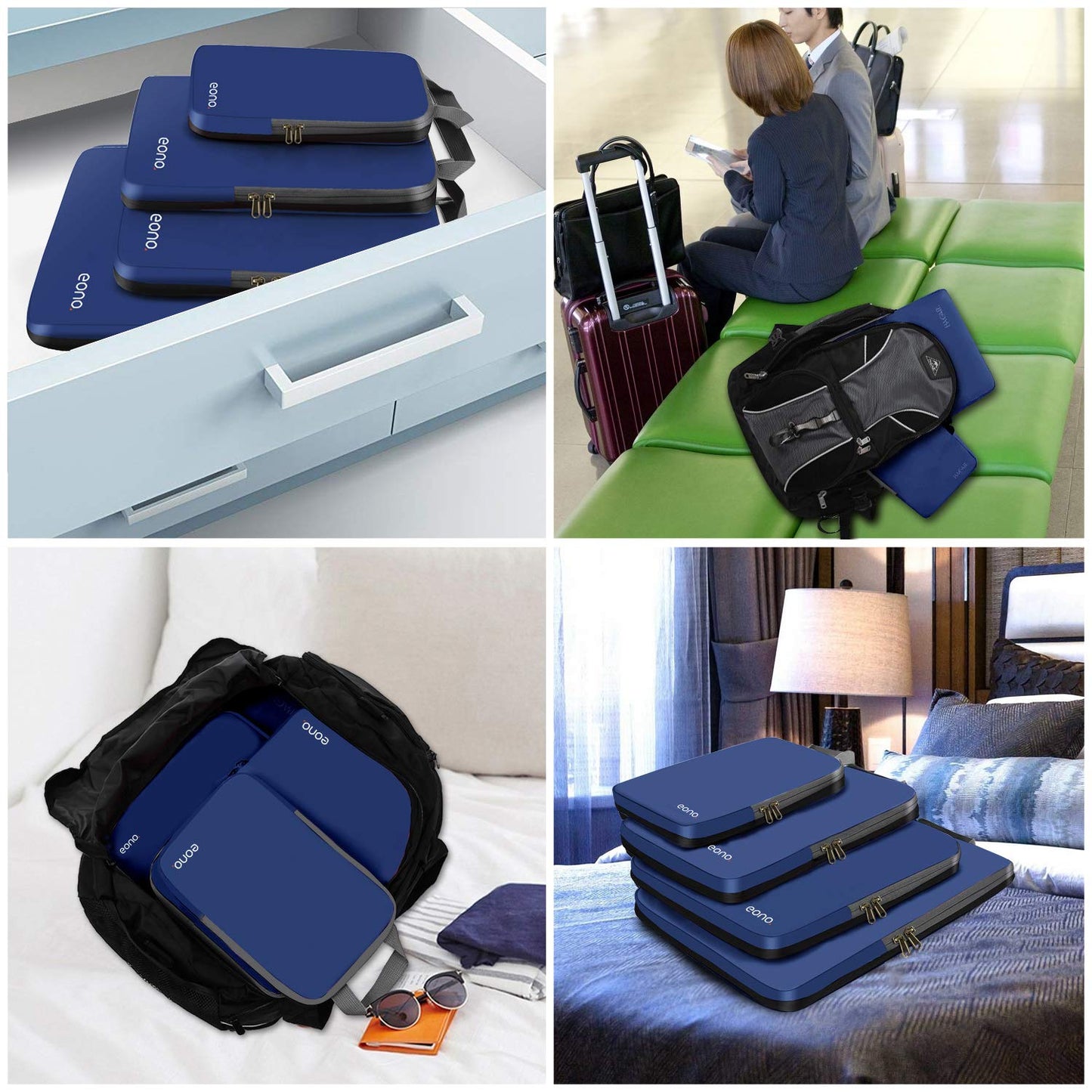 Eono Essentials Compressible Packing Cubes – 4/6-Piece Travel Luggage Organiser Set