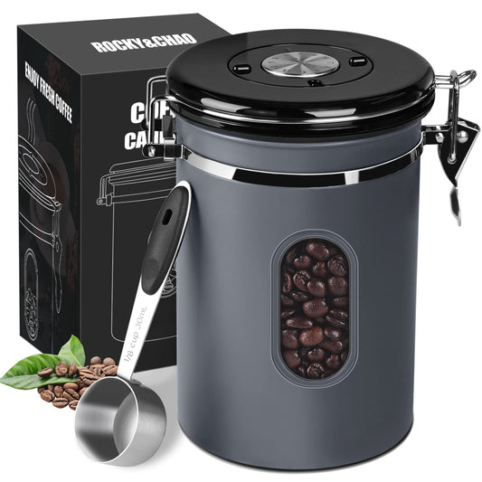 ROCKY&CHAO Airtight Coffee Canister 1.8 L – Stainless Steel Bean Container with Viewing Window (600 g)