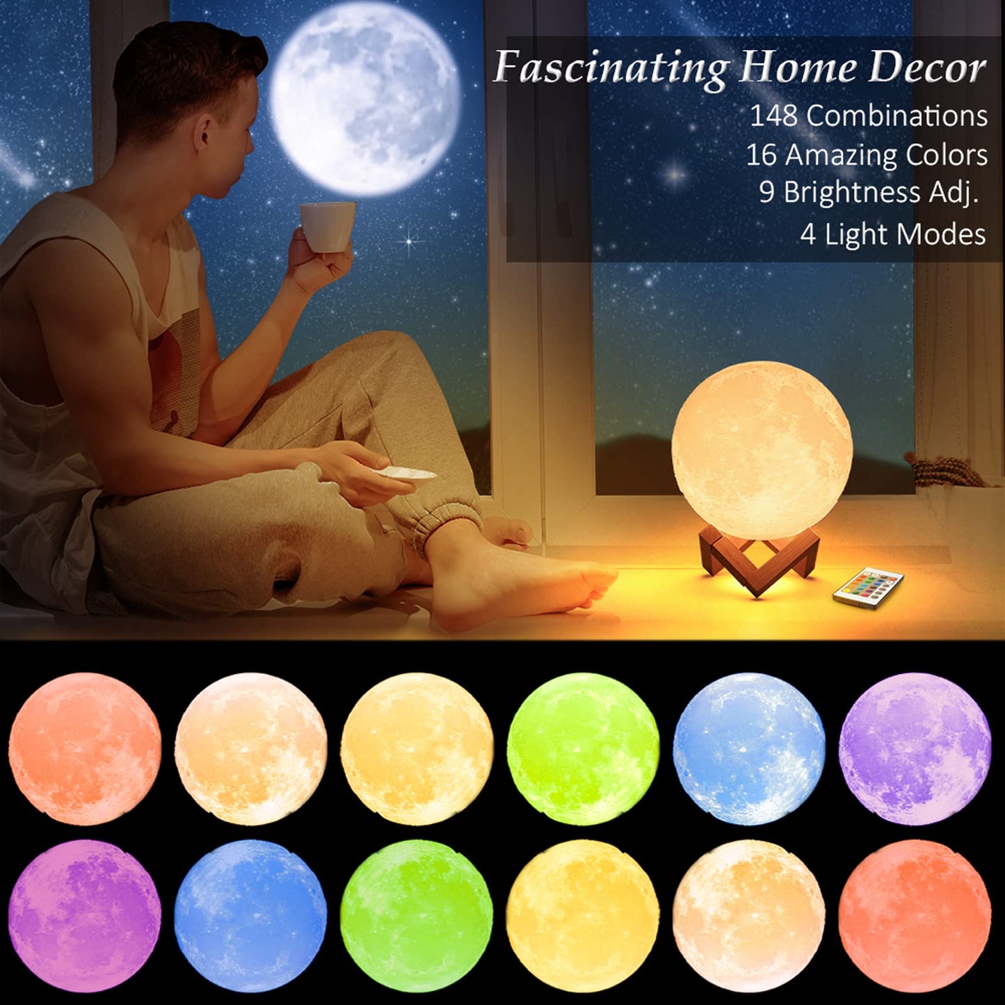 Mydethun 3D Moon Lamp – 15 cm Wooden Base, LED Night Light with Touch Control, White & Yellow, Christmas Gift.