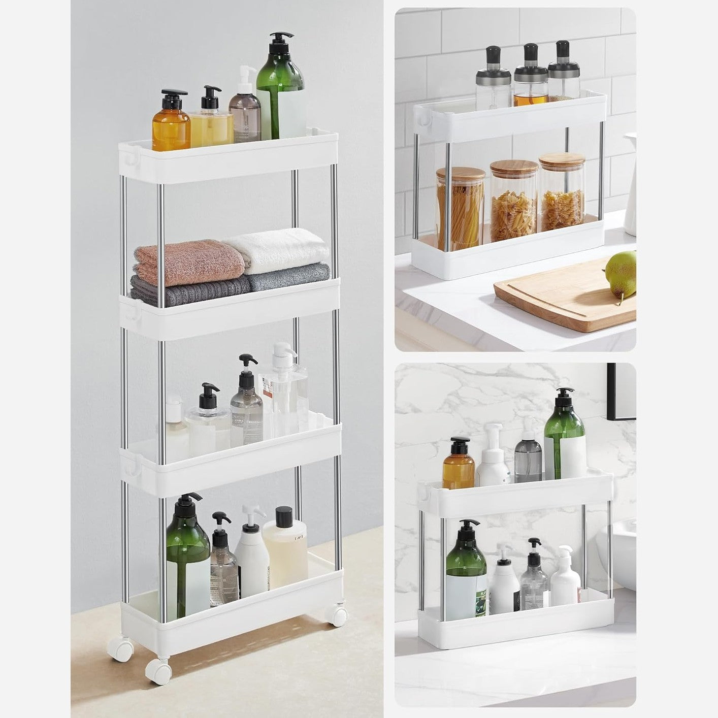 SONGMICS kapea 4-tasoinen säilytyskärry pyörillä – keittiöön ja kylpyhuoneeseen (40 × 12,5 × 86 cm)
