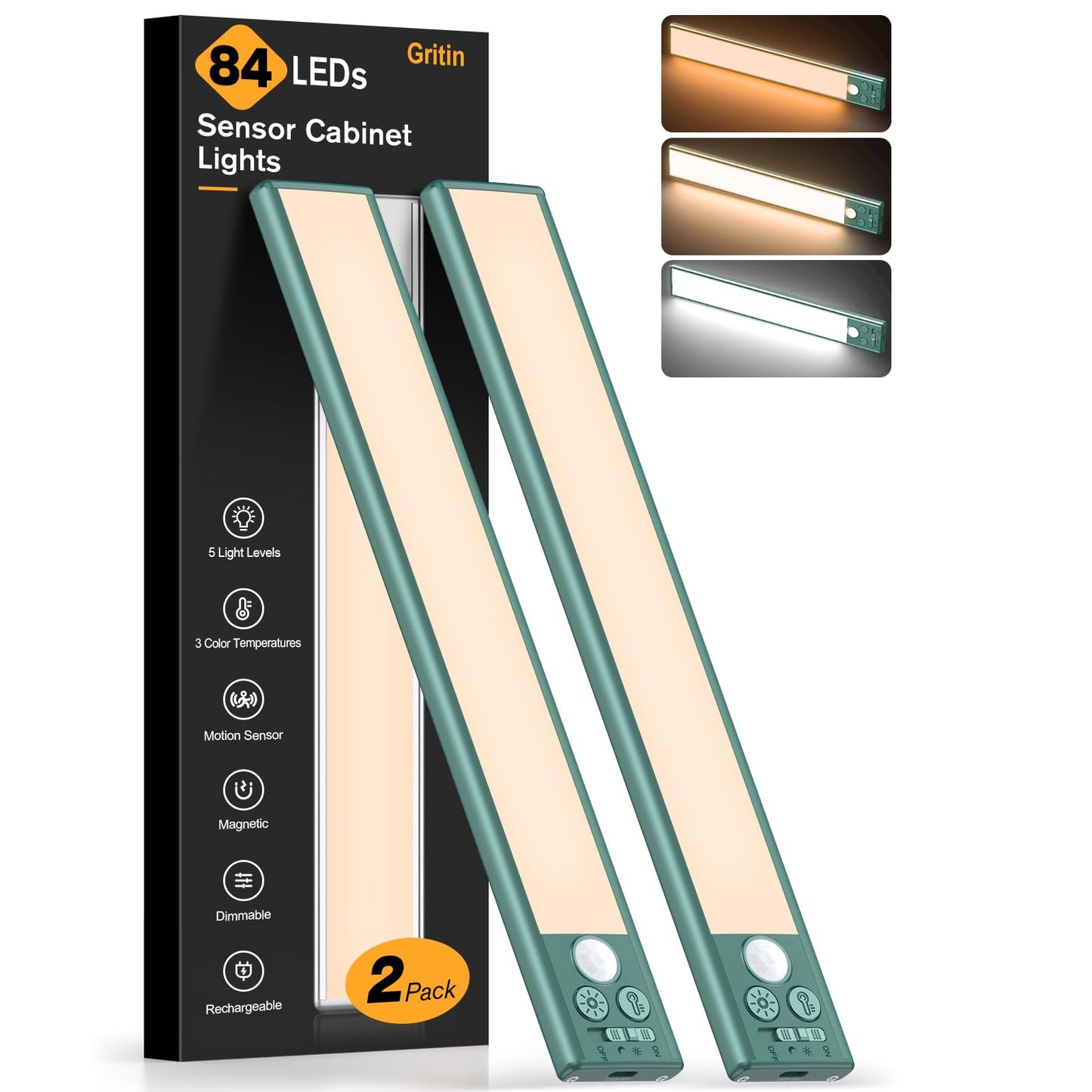GRITIN Rechargeable Under-Cabinet LED Lights with Motion Sensor – 84 LEDs, Magnetic, 3 Colours, Pack of 2
