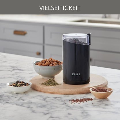Krups F20342 Kaffeemühle und Gewürzmühle in Einem, Leistungsstarker Motor, Mahlgrad variabel, 75g Füllmenge, Schlagmesser aus Edelstahl, Sicherheitsdeckel, Anti-Rutsch-Füße, Schwarz