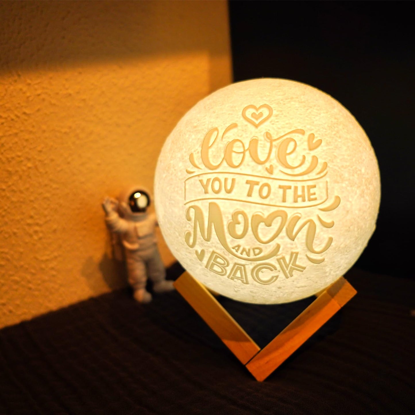 Mydethun 3D Moon Lamp – 15 cm Wooden Base, LED Night Light with Touch Control, White & Yellow, Christmas Gift.