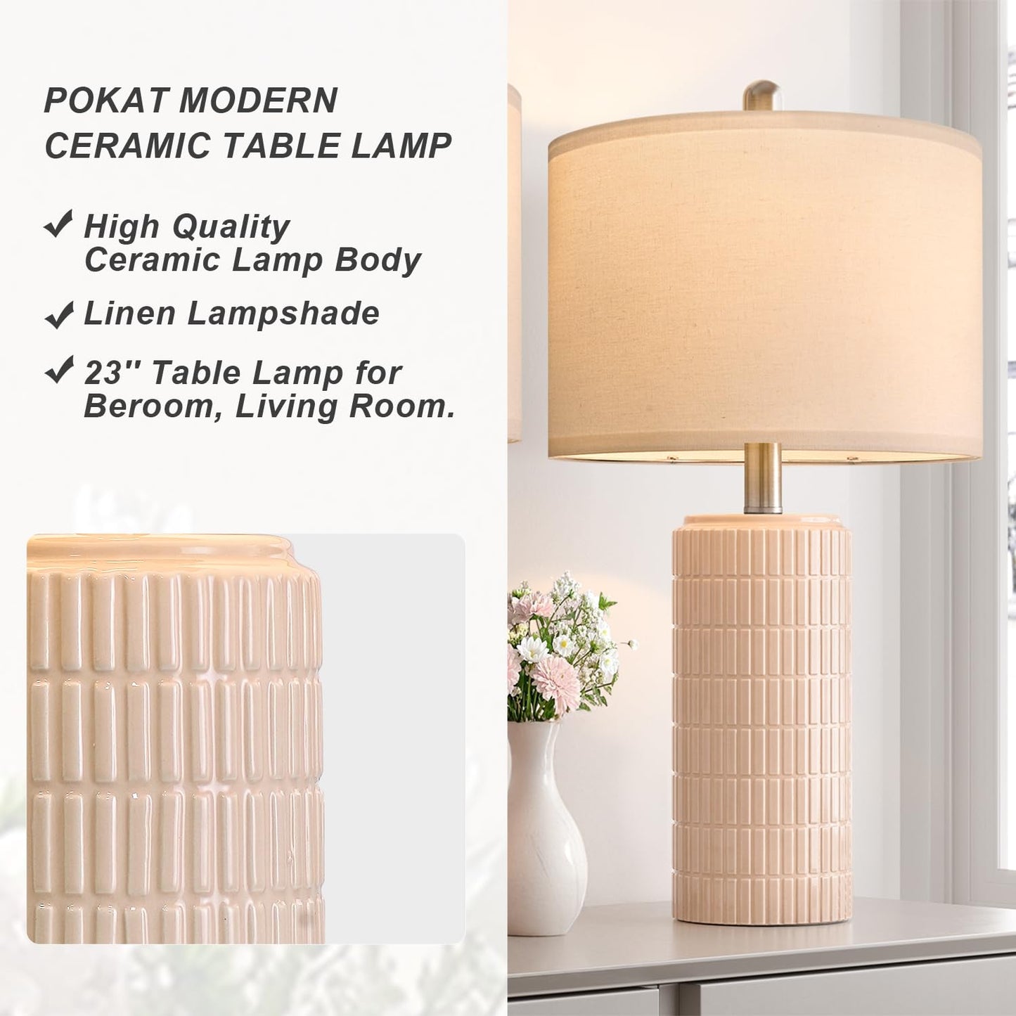 PoKat 58 cm Modern Ceramic Table Lamp Set of 2 – White Bedside Lamps for Living Room, Bedroom, or Nightstand