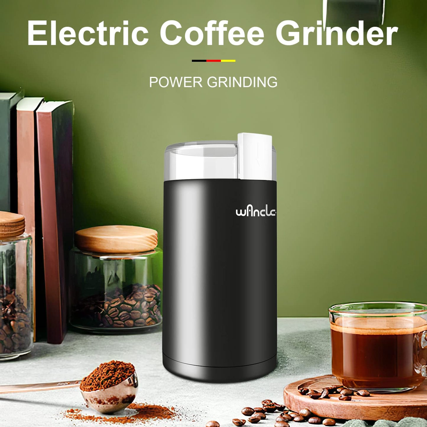 Kaffeemühle, Wancle Elektrische Kaffemühle für Bohnen ＆ Gewürze, Edelstahl Klinge, Schüssel, Kaffeemühle mit sauberer Bürste mit einem Knopf für Grob- und Feinmühle (Schwarz+Schwarz)