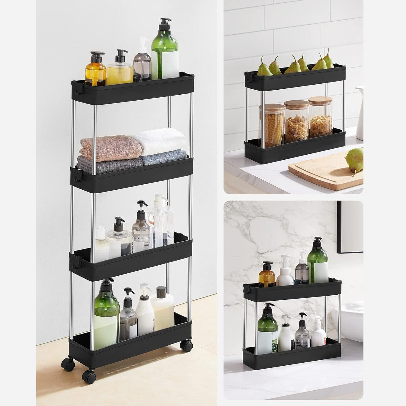 SONGMICS kapea 4-tasoinen säilytyskärry pyörillä – keittiöön ja kylpyhuoneeseen (40 × 12,5 × 86 cm)
