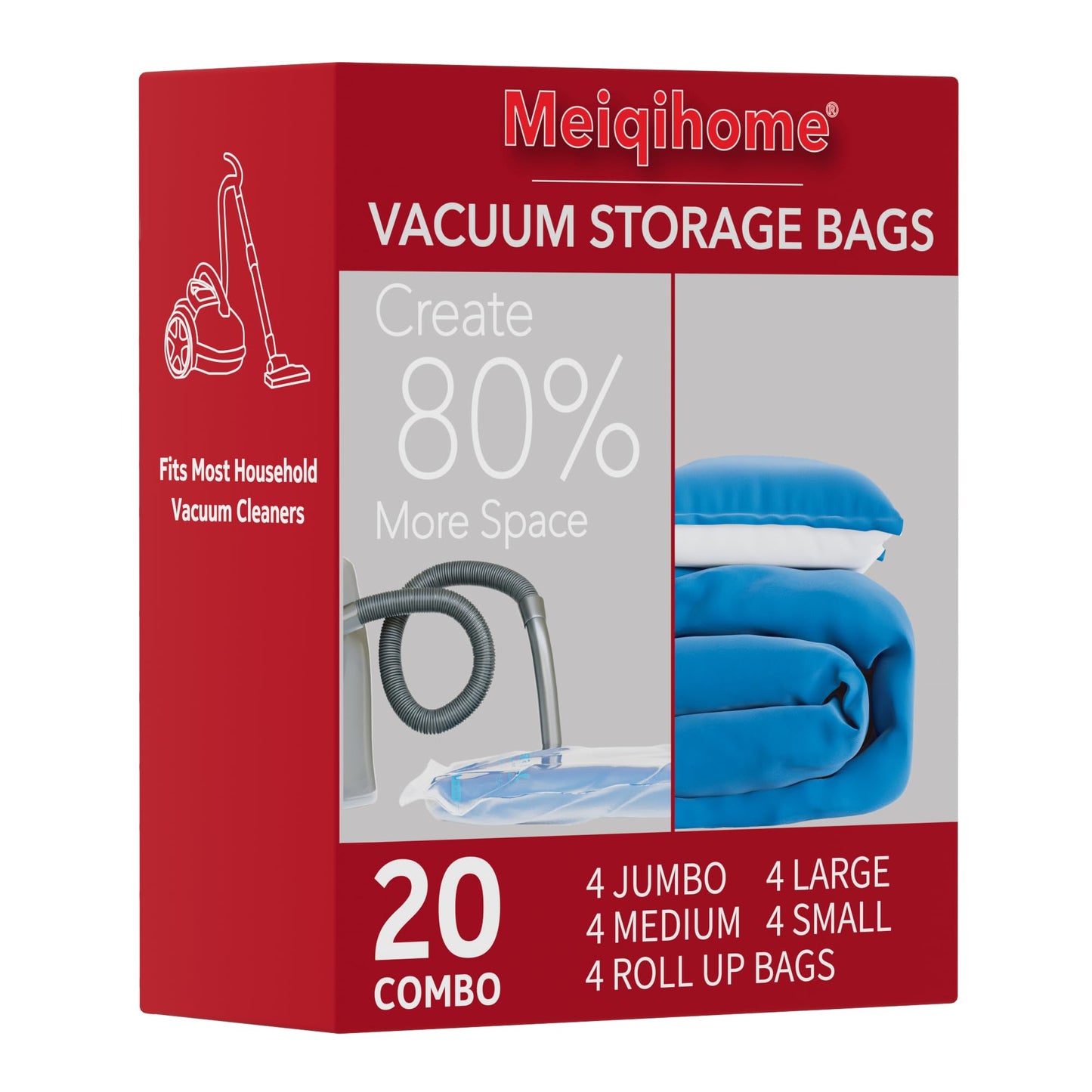 MEIQIHOME 16-Pack Vacuum Storage Bags with Electric Pump – 4J/4L/4M/4S for Clothes, Travel & Moving
