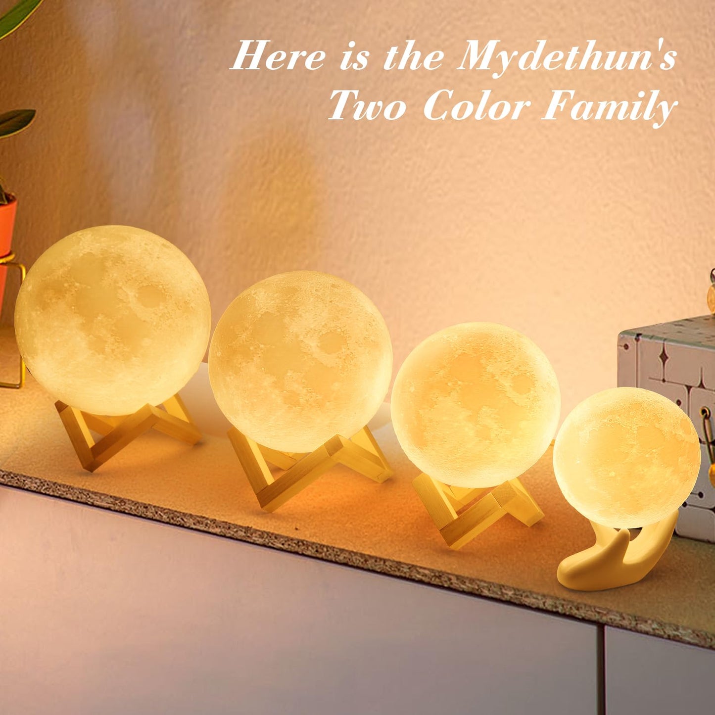 Mydethun 3D Moon Lamp – 15 cm Wooden Base, LED Night Light with Touch Control, White & Yellow, Christmas Gift.