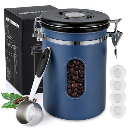 ROCKY&CHAO Airtight Coffee Canister 1.8 L – Stainless Steel Bean Container with Viewing Window (600 g)