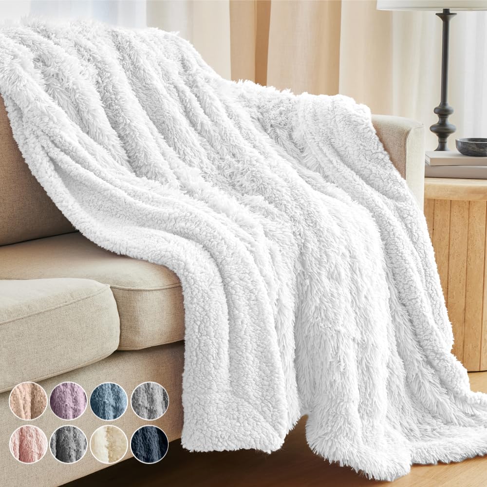 The Connecticut Home Co Throw Blanket for Couch, Soft Luxury Home Decor Faux Fur and Sherpa, Cozy Warm Throws for Bed, Gift for Women, Bedding Accent Blankets for Sofa Beds Chair, 65x50, White - Easiley - B07QDPVRYH