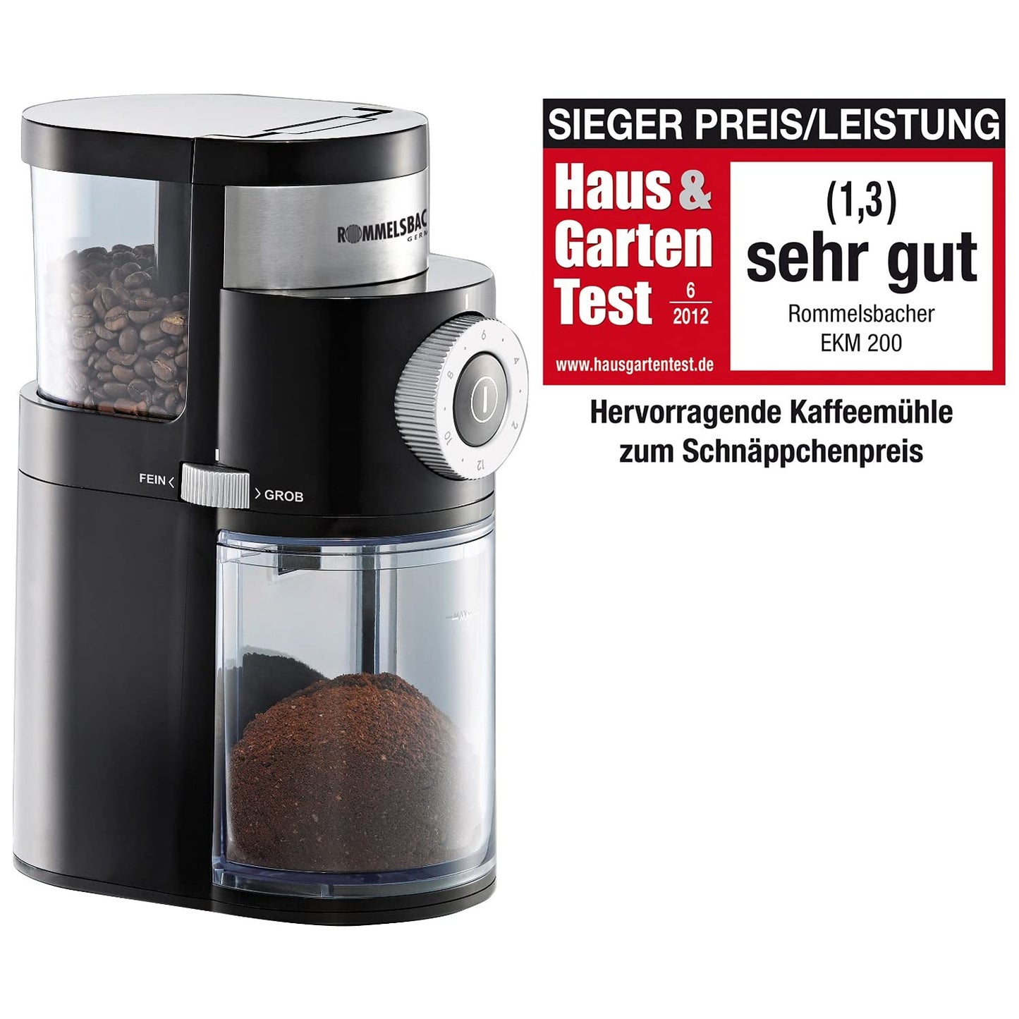 ROMMELSBACHER Kaffeemühle EKM 200 – aromaschonendes Scheibenmahlwerk, Mahlgrad einstellbar von grob bis fein, 2-12 Portionen, Füllmenge Bohnenbehälter 250 g, 110 Watt, schwarz