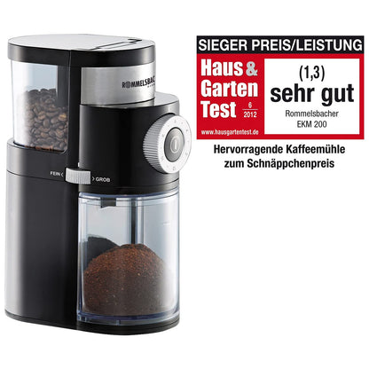 ROMMELSBACHER Kaffeemühle EKM 200 – aromaschonendes Scheibenmahlwerk, Mahlgrad einstellbar von grob bis fein, 2-12 Portionen, Füllmenge Bohnenbehälter 250 g, 110 Watt, schwarz