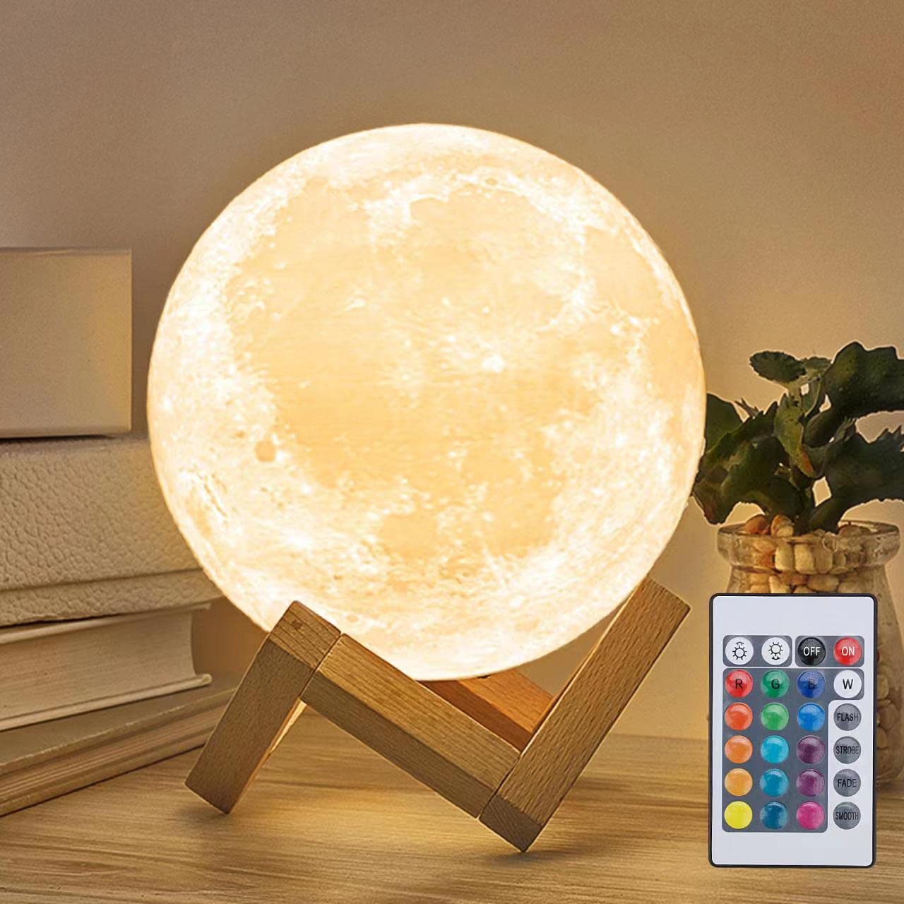 Mydethun 3D Moon Lamp – 15 cm Wooden Base, LED Night Light with Touch Control, White & Yellow, Christmas Gift.