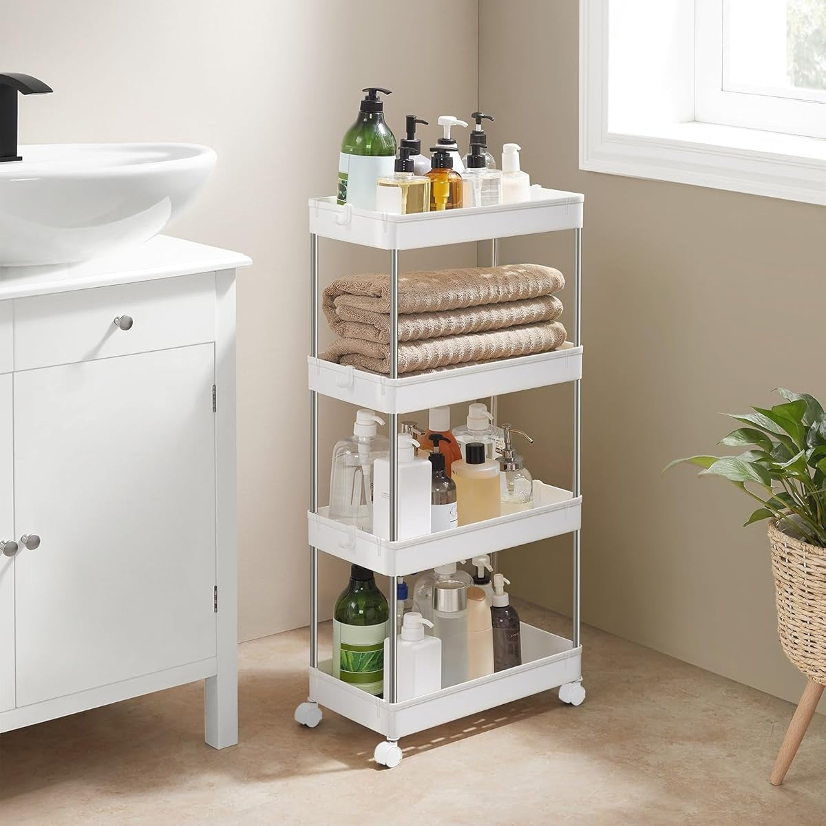 SONGMICS kapea 4-tasoinen säilytyskärry pyörillä – keittiöön ja kylpyhuoneeseen (40 × 12,5 × 86 cm)