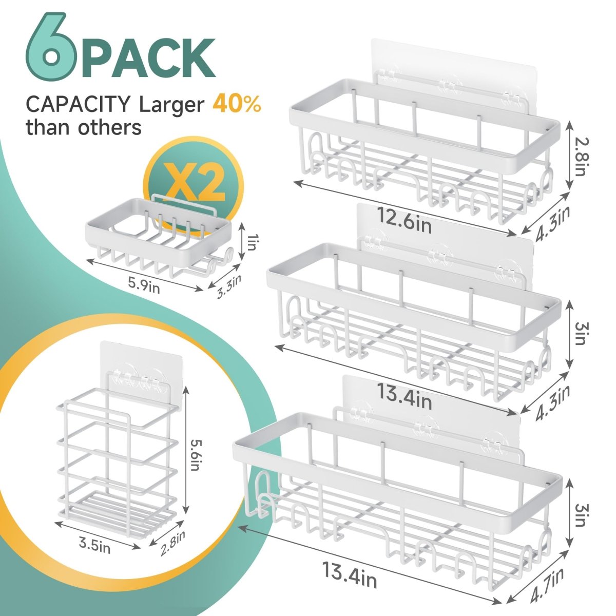 Veken 6 - Pack Adhesive Shower Caddy – Rustproof No - Drill Bathroom Organizer with Soap Holder (Black). - Easiley - B0D2Y7SXSK