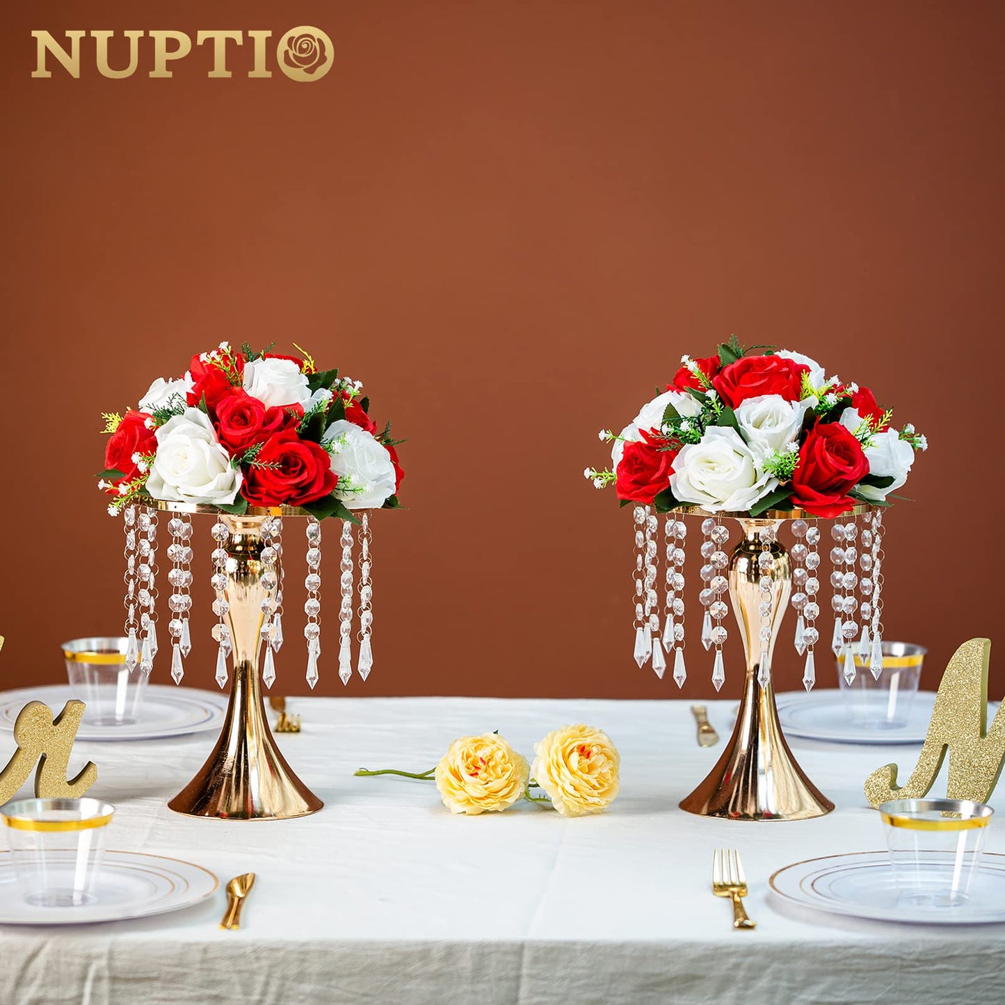 Nuptio Kristall-Blumenständer, Hochzeitsdekoration für Tische, 26 cm Höhe, Blumenhalter, Mittelstück, Metall-Blumenvase für Hochzeit, Party, Empfang, Esszimmer, Wohnzimmer, Dekoration, 2 Stück