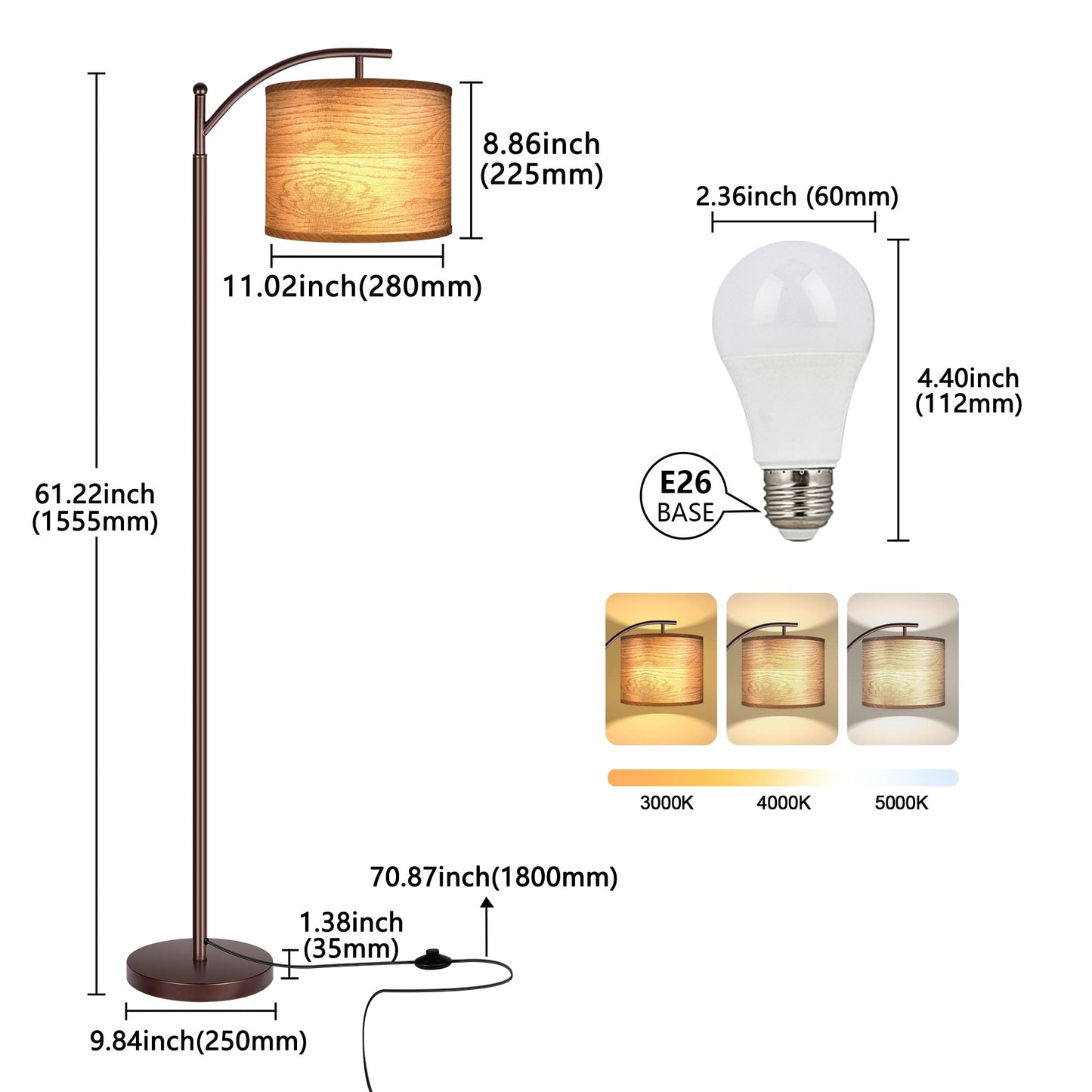 Rottogoon Industrial Floor Lamp – LED Standing Lamp with 9W Bulb & Beige Shade (Oil-Rubbed Bronze).