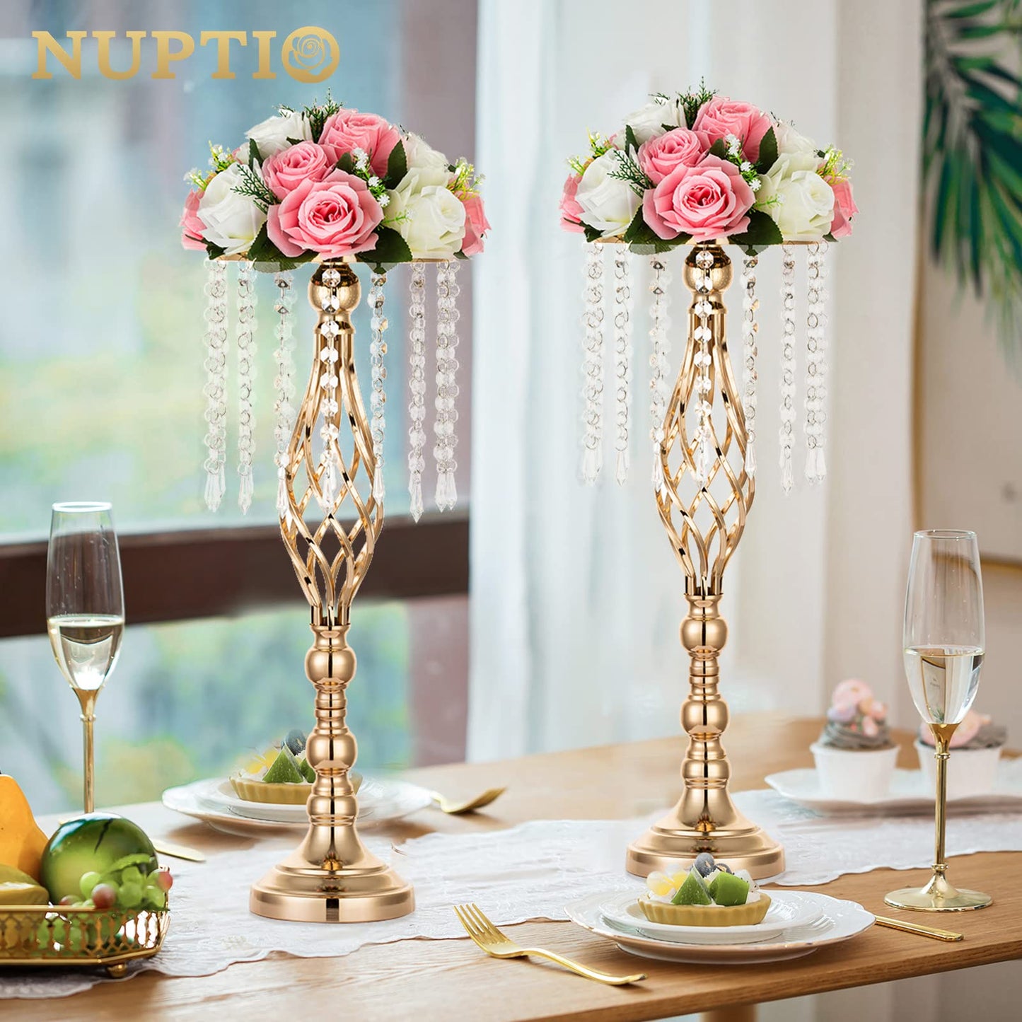 Nuptio Kristall-Blumenständer, Hochzeitsdekoration für Tische, 26 cm Höhe, Blumenhalter, Mittelstück, Metall-Blumenvase für Hochzeit, Party, Empfang, Esszimmer, Wohnzimmer, Dekoration, 2 Stück