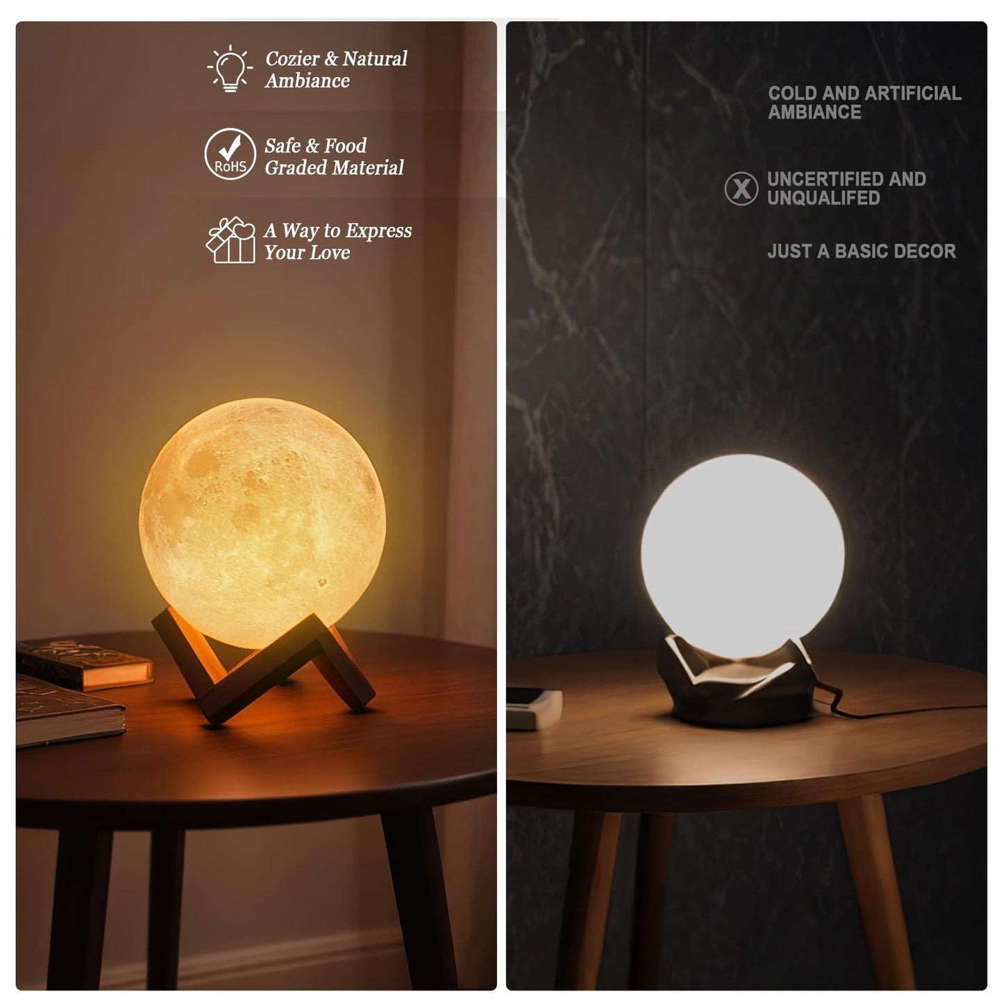 Mydethun 3D Moon Lamp – 15 cm Wooden Base, LED Night Light with Touch Control, White & Yellow, Christmas Gift.