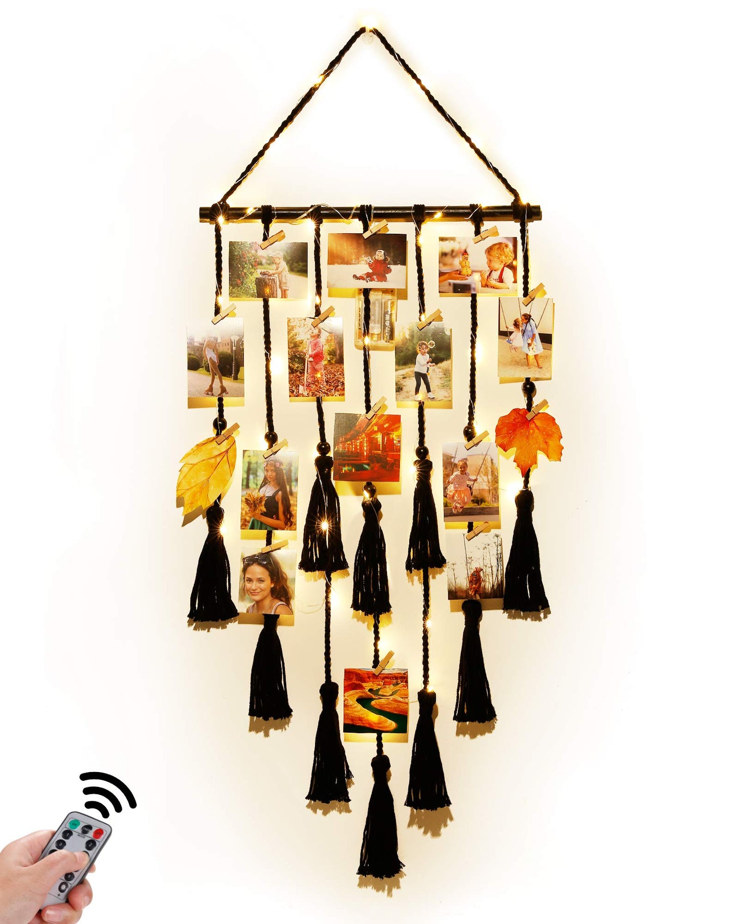 Homecor Hanging Photo Display – Boho Macrame Wall Decor with Lights & 30 Clips, Gift for Teen Girls