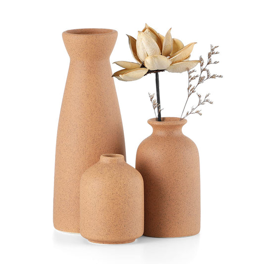 CEMABT Ceramic Vase Set of 3 | Small Rustic Farmhouse Vases for Pampas Grass & Dried Flowers – Decorative Natural Vases for Shelf, Table, Bookshelf & Mantel