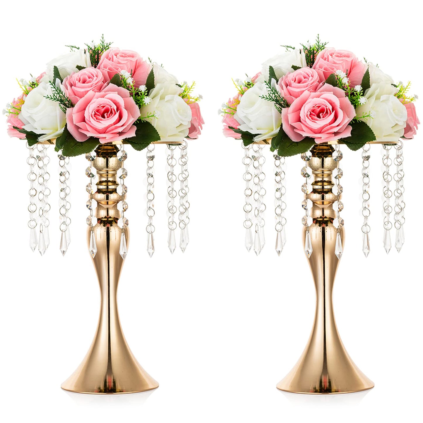Nuptio Kristall-Blumenständer, Hochzeitsdekoration für Tische, 26 cm Höhe, Blumenhalter, Mittelstück, Metall-Blumenvase für Hochzeit, Party, Empfang, Esszimmer, Wohnzimmer, Dekoration, 2 Stück
