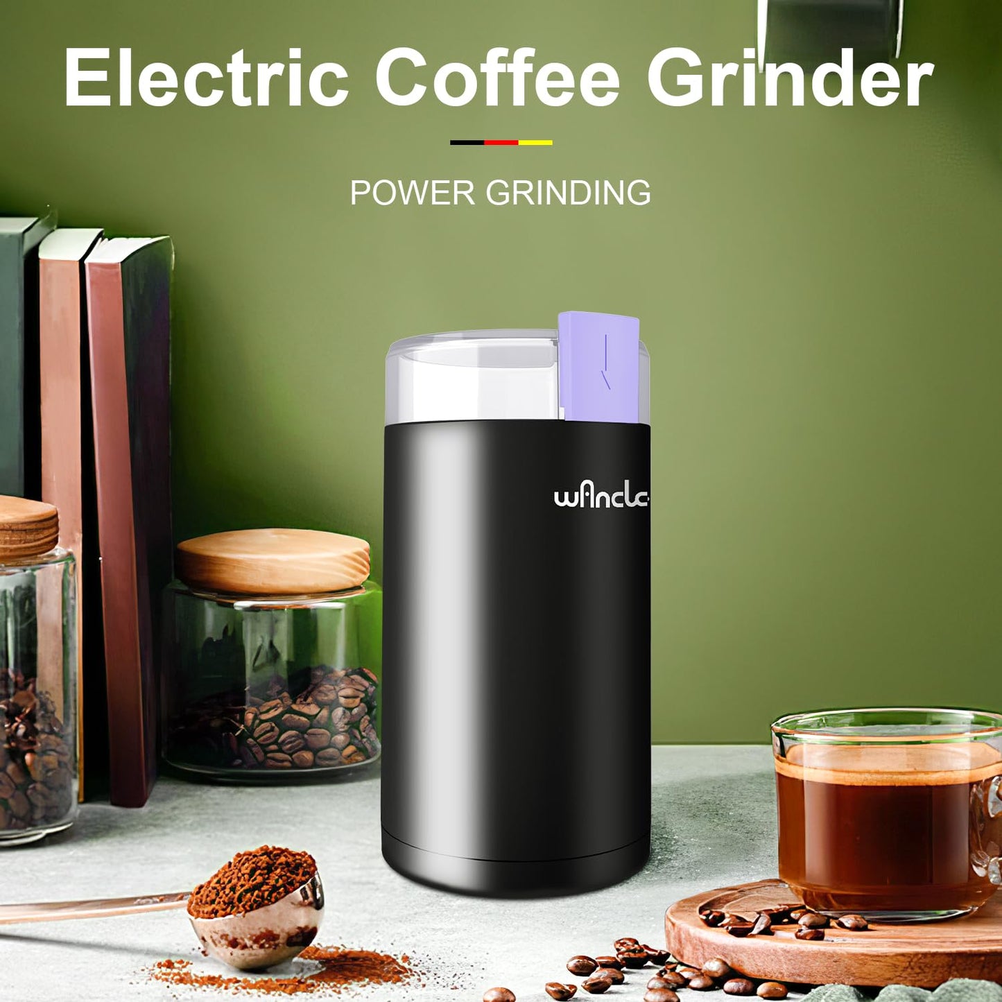 Kaffeemühle, Wancle Elektrische Kaffemühle für Bohnen ＆ Gewürze, Edelstahl Klinge, Schüssel, Kaffeemühle mit sauberer Bürste mit einem Knopf für Grob- und Feinmühle (Schwarz+Schwarz)