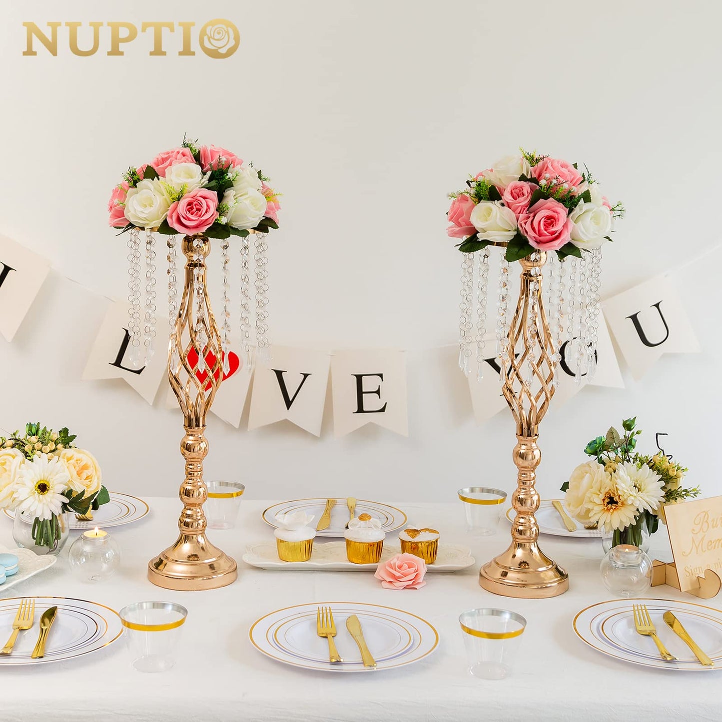 Nuptio Kristall-Blumenständer, Hochzeitsdekoration für Tische, 26 cm Höhe, Blumenhalter, Mittelstück, Metall-Blumenvase für Hochzeit, Party, Empfang, Esszimmer, Wohnzimmer, Dekoration, 2 Stück