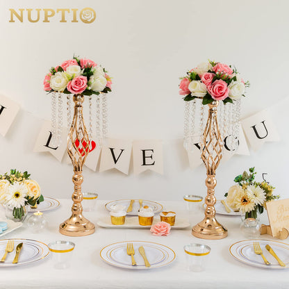 Nuptio Kristall-Blumenständer, Hochzeitsdekoration für Tische, 26 cm Höhe, Blumenhalter, Mittelstück, Metall-Blumenvase für Hochzeit, Party, Empfang, Esszimmer, Wohnzimmer, Dekoration, 2 Stück