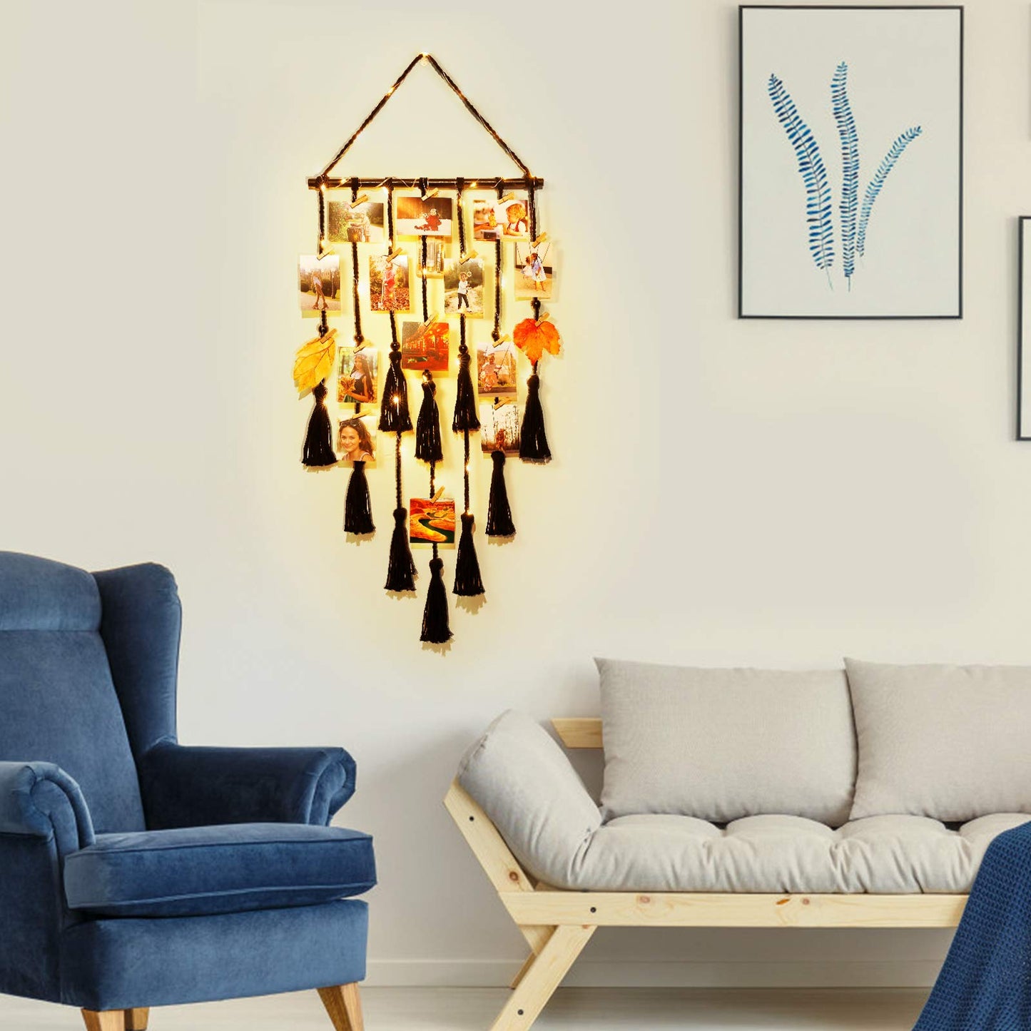 Homecor Hanging Photo Display – Boho Macrame Wall Decor with Lights & 30 Clips, Gift for Teen Girls