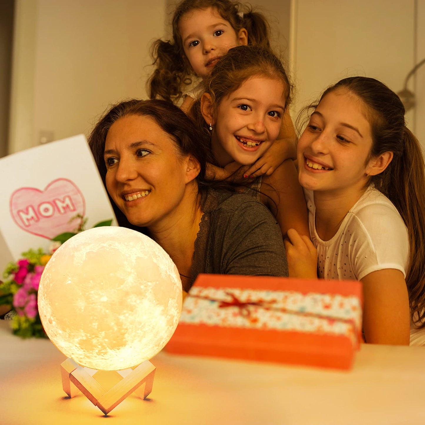 Mydethun 3D Moon Lamp – 15 cm Wooden Base, LED Night Light with Touch Control, White & Yellow, Christmas Gift.