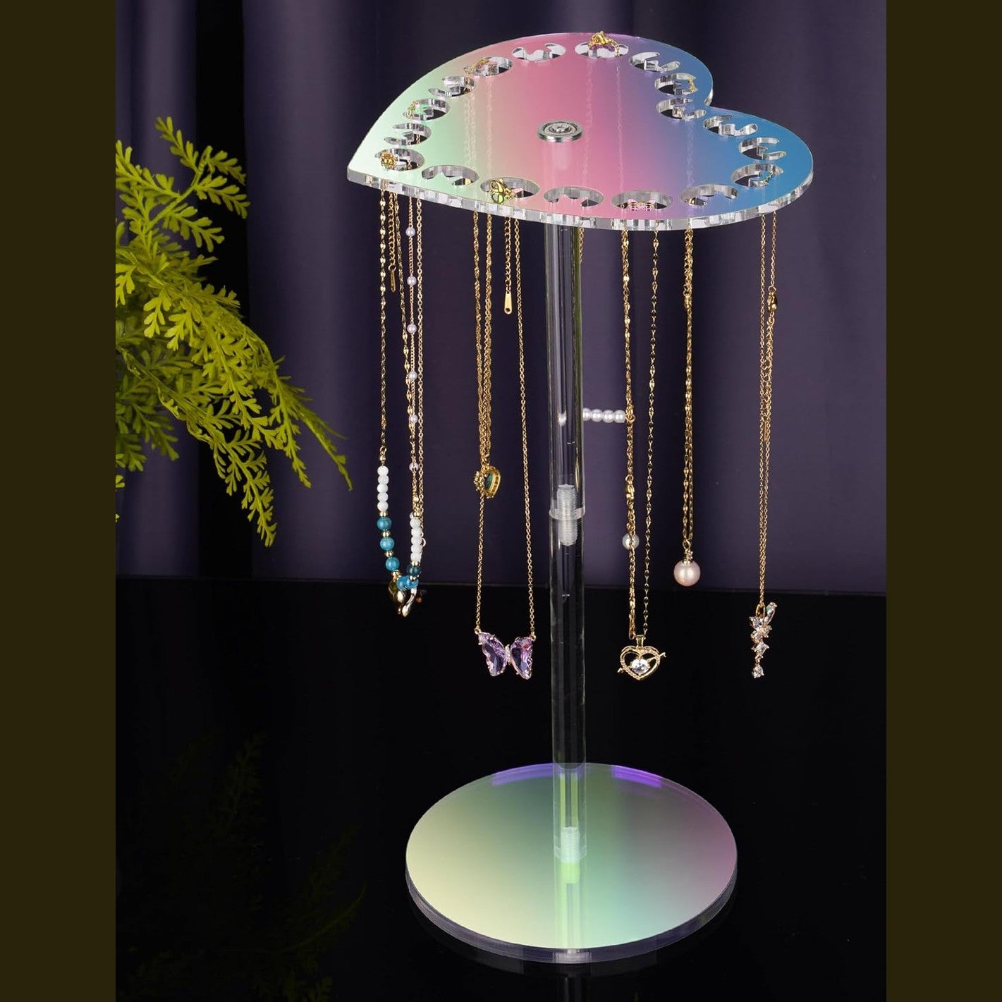 NiHome Iridescent Rotating Acrylic Jewellery Stand with Heart Top – Necklace Organiser for Multiple Sizes