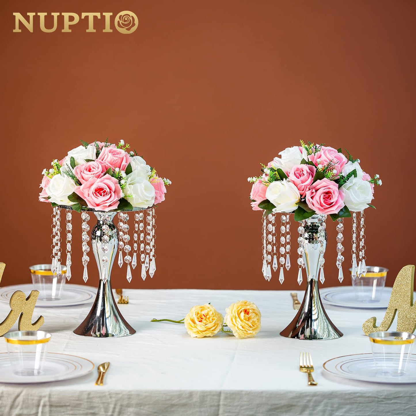Nuptio Kristall-Blumenständer, Hochzeitsdekoration für Tische, 26 cm Höhe, Blumenhalter, Mittelstück, Metall-Blumenvase für Hochzeit, Party, Empfang, Esszimmer, Wohnzimmer, Dekoration, 2 Stück