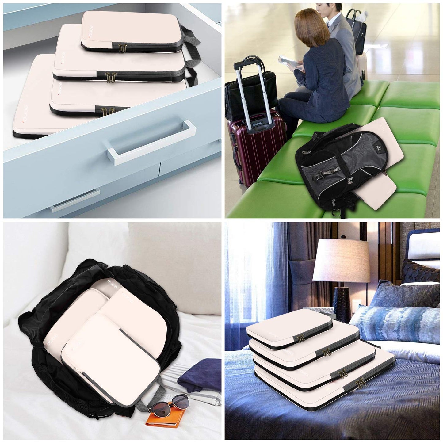 Eono Essentials Compressible Packing Cubes – 4/6-Piece Travel Luggage Organiser Set