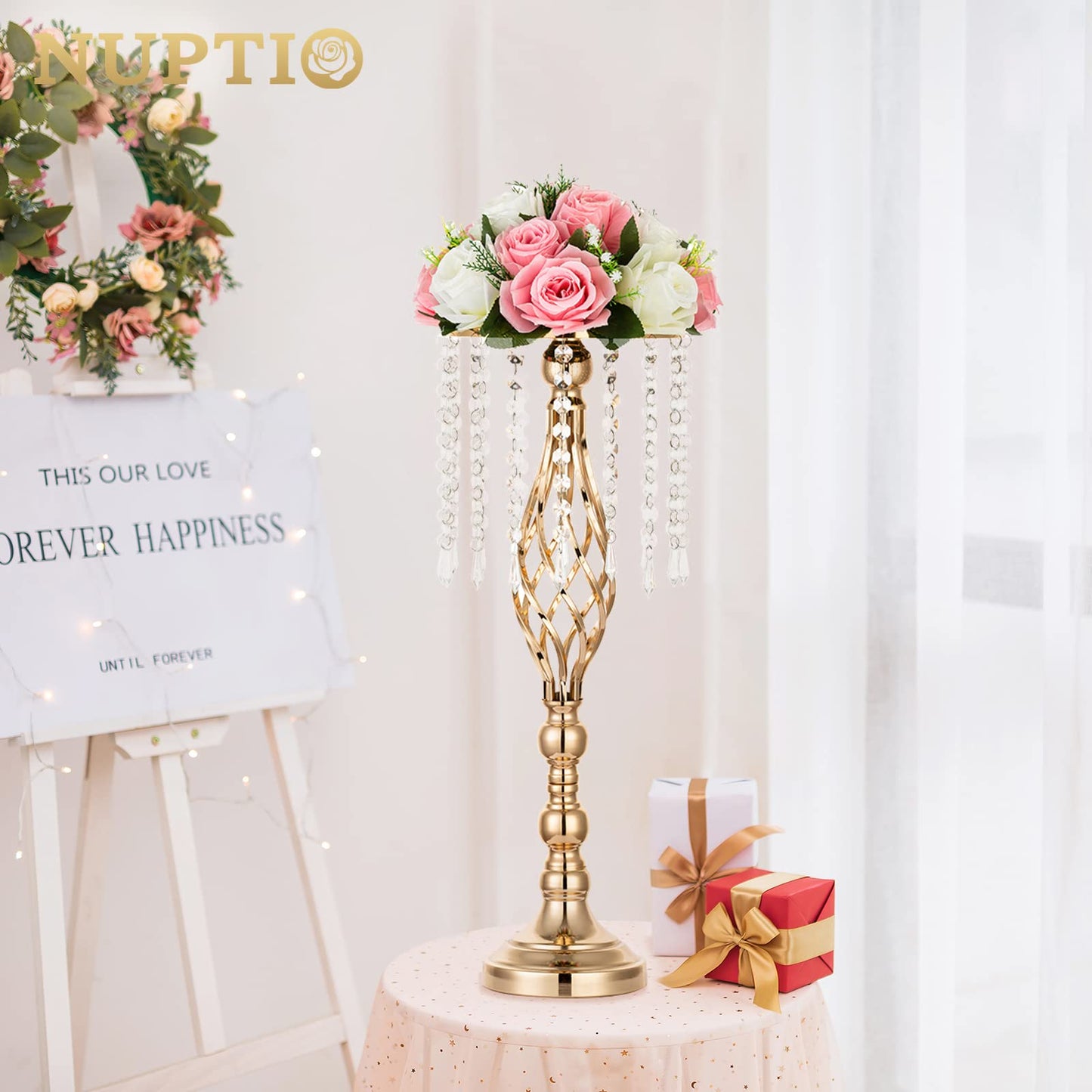 Nuptio Kristall-Blumenständer, Hochzeitsdekoration für Tische, 26 cm Höhe, Blumenhalter, Mittelstück, Metall-Blumenvase für Hochzeit, Party, Empfang, Esszimmer, Wohnzimmer, Dekoration, 2 Stück