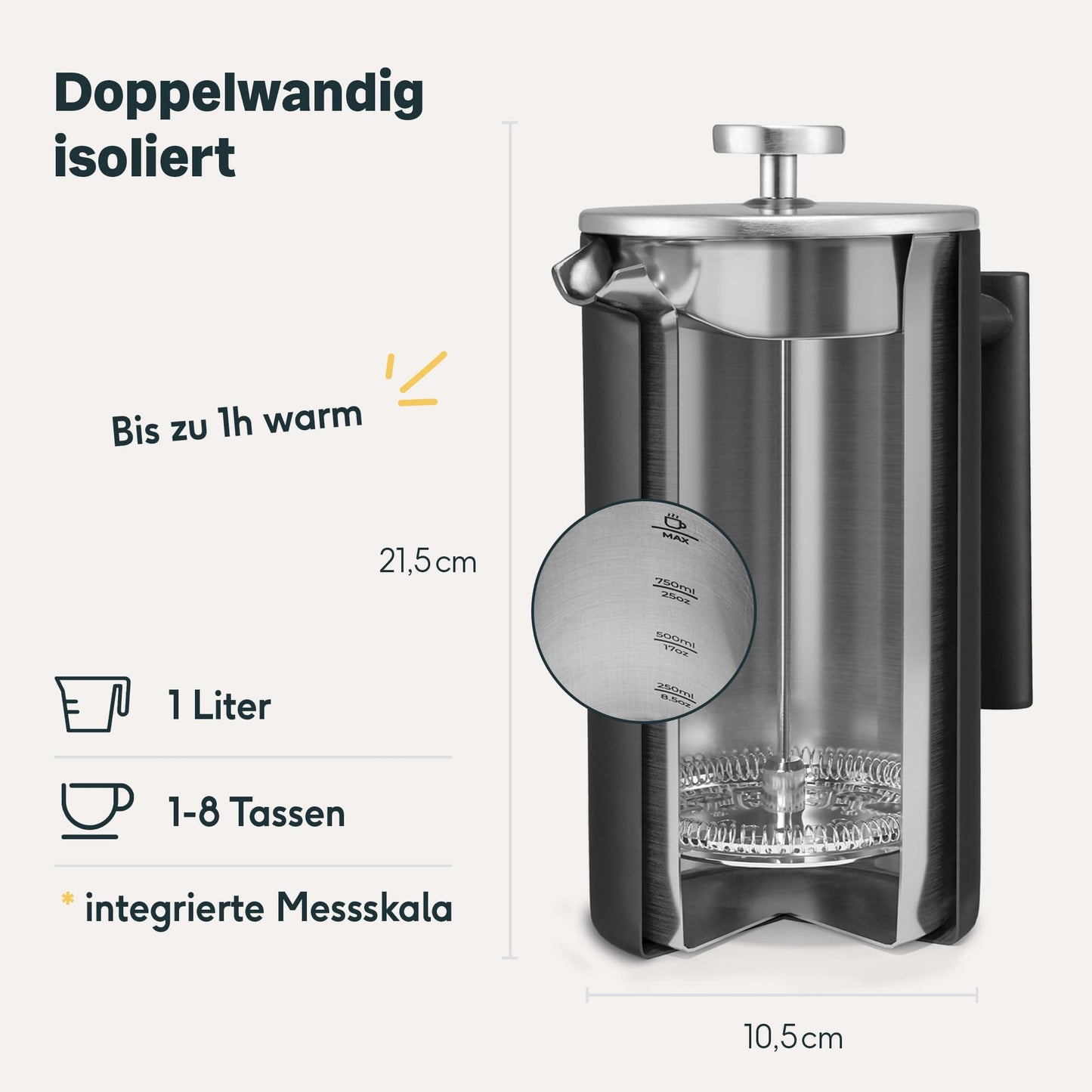 SILBERTHAL Kaffeemühle Manuell Kegelmahlwerk - Verstellbarer Mahlgrad von grob bis fein - Handmühle aus Edelstahl und Glas - Ideale Geschenkidee