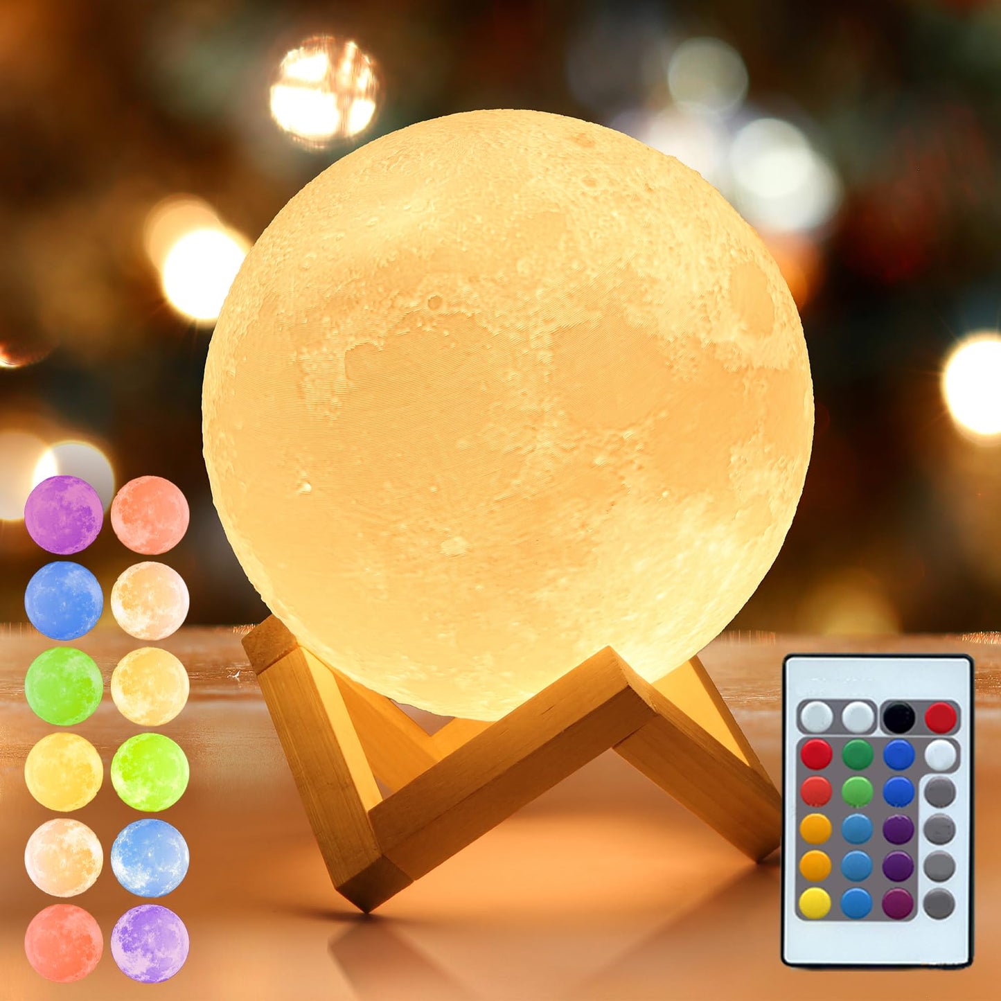 Mydethun 3D Moon Lamp – 15 cm Wooden Base, LED Night Light with Touch Control, White & Yellow, Christmas Gift.