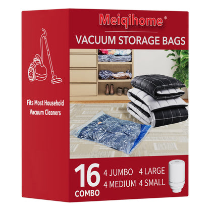 MEIQIHOME 16-Pack Vacuum Storage Bags with Electric Pump – 4J/4L/4M/4S for Clothes, Travel & Moving