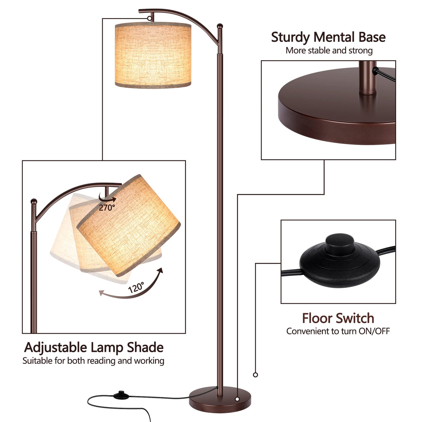 Rottogoon Industrial Floor Lamp – LED Standing Lamp with 9W Bulb & Beige Shade (Oil-Rubbed Bronze).