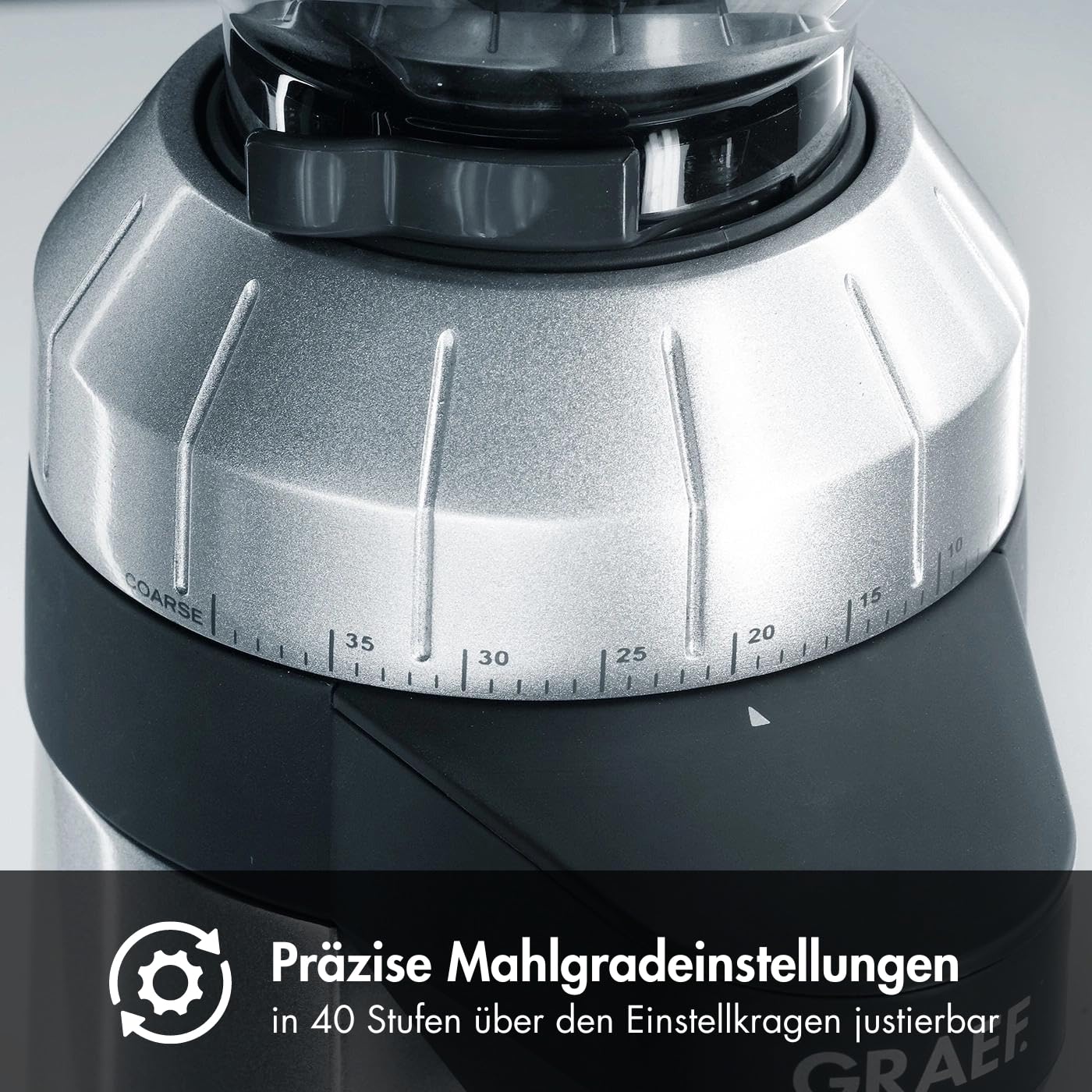 GRAEF Kaffeemühle CM800, Kegelmahlwerk aus Edelstahl, 40 Mahlgradeinstellungen, abnehmbarer 350g Kaffeebohnenbehälter, Antistatik-Einsatz, Grind on Demand Funktion, Aluminiumgehäuse silber